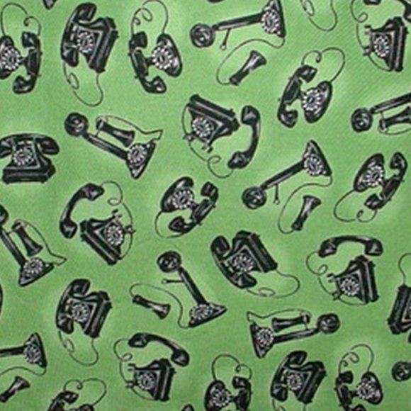 COTTON TOTE BAG HANDMADE NEW GREEN & BLACK ANTIQUE TELEPHONE PRINT OOAK 13" W - Picture 2 of 3